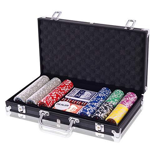 COSTWAY Poker Chips, Set da Poker con 300 Chips, Incluse 2 Carte da Poker 5 Dadi 1 Pulsante, Valigetta in Alluminio, Due Colori Disponibili (Nero)