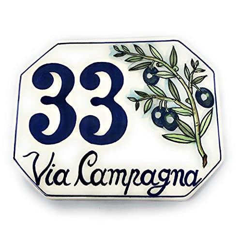 CERAMICHE D'ARTE PARRINI- ceramica italiana artistica, numero civico 15x12 personalizzato, decorazione olivo, dipinto a mano, made in ITALIA Toscana