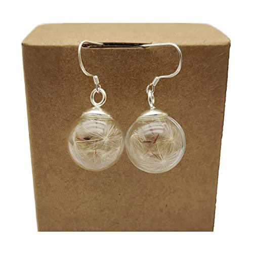 Dente di leone Esprimi un Desiderio Tarassaco Vero Fiori Vetro Palla Argento Sterling 925 Orecchini Goccia e pendenti Donna Handmade