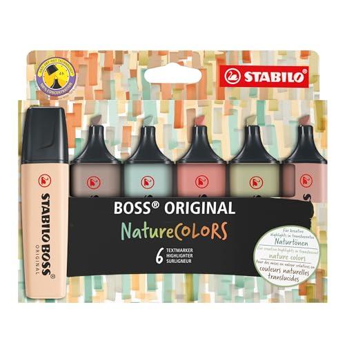 Evidenziatore - STABILO BOSS ORIGINAL NatureCOLORS - Astuccio da 6 - Sabbia/Cenere/Foglia di Tè/Terra di Siena/Verde Oliva/Fava di Cacao