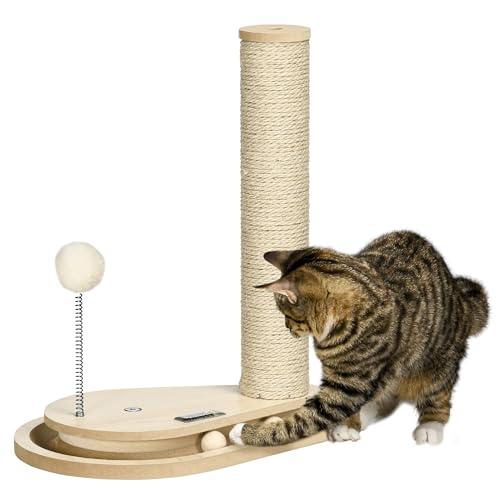 PawHut Tiragraffi per Gatti da 4kg max in Truciolato e Iuta con Palline da Gioco Incluse, 35x23x40 cm, color Rovere