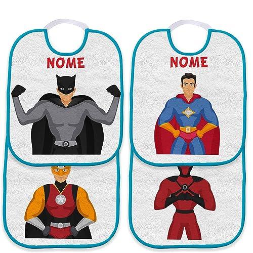 Set 4 Bavetta Bavaglino Asilo con elastico personalizzato con nome del bambino (Supereroi Bordo Azzurro)