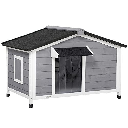 PawHut Casetta per Cani Taglia Piccola e Media in Legno di Abete, Design Rialzato con Tenda Protettiva, 2 Finestre e Fondo Rimovibile, 109x79x72 cm