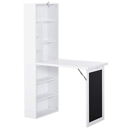 HOMCOM Scrivania Pieghevole con Libreria e Lavagna per Camera e Ufficio, Tavolo da Pranzo a Scomparsa Salvaspazio, Bianco, 98x51x153 cm