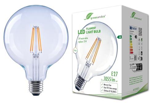 greenandco Lampadina a filamento LED | trasparente | E27 G125 | 5W 1055 lm | sostituisce 75W | 2700 K bianco caldo | 320° | 230V | senza sfarfallio | Classe energetica A | non dimmerabile