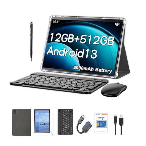 Crelander Tablet Android 13 10,1 pollici, SIM Card 4G LTE, 12 GB + 512 GB, 8000 mAh, doppia fotocamera, Bluetooth/WiFi, bundle con custodia, tastiera, mouse e stilo (nero)
