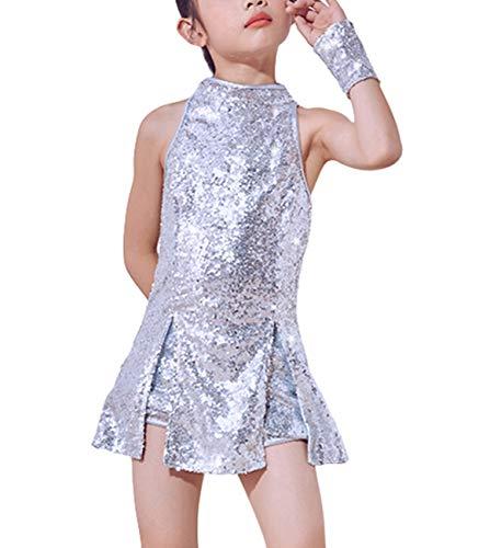 LOLANTA Costume da Ballo per Ragazze con Paillettes, Hip-Hop Abbigliamento per Bambini, Argento, 11-12 Anni, 160