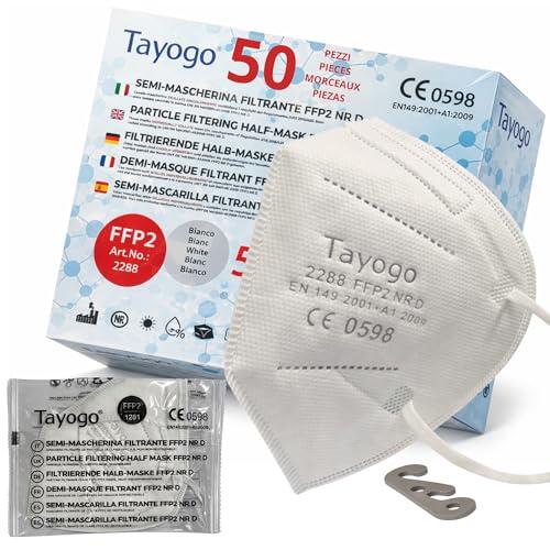 Tayogo 50 Mascherine FFP2 Bianche Certificate CE 0598 – 5 Strati, Filtrazione ≥ 99,5% – Anallergiche, Comode, Prive di Odore Mascherina Bianca Ultra Confortevole Confezionate Singolarmente + Gancetto