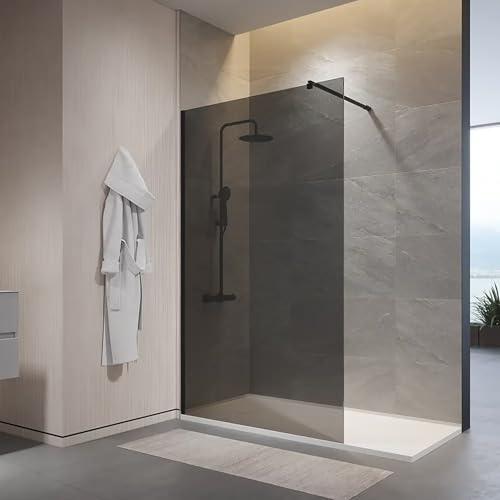Box Doccia Walk-In 100 cm Altezza 200cm Parete Fissa Vetro Temperato Fumé da 10mm con Trattamento Anticalcare Braccio Telescopico SUS304 Profili Alluminio Nero Opaco