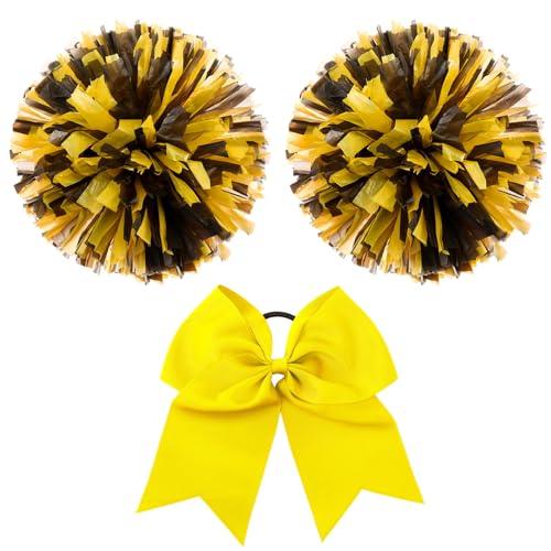 Hanaive Pompon da cheerleader e grande fiocco per capelli da cheerleader, 30,5 cm, metallizzato, per cheerleader, cheerleader, tifo per squadre sportive (misto nero e giallo, opaco)