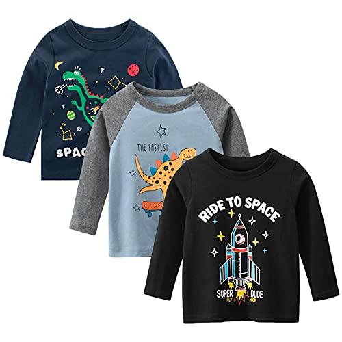 amropi Bambino Ragazzi 3 Pack Maglietta Stampa Dinosauro Manica Lunga Casuale Cotone T-Shirt Nero Blu Nero, 2-3 Anni