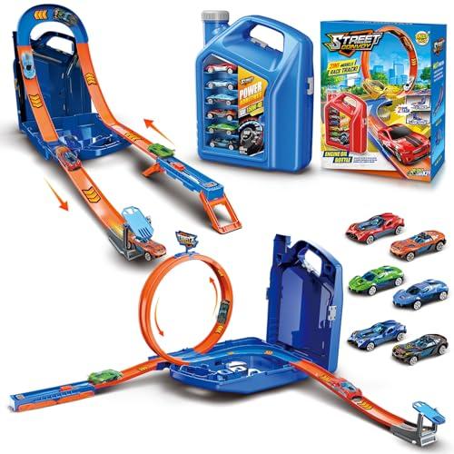 Charmofun Pista Macchinine 2 in1, Giocattolo Piste da Corsa con 6 Auto, Scatola Immagazzinaggio, Piste Macchinine per Bambini con Anello e Binari a U, Portatile Pista per Bambini 3+ Anni (Blu)