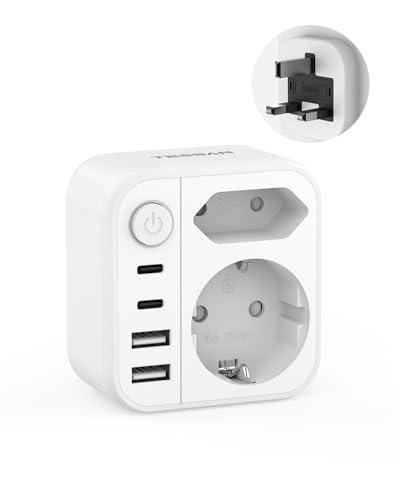 TESSAN Adattatore Presa Inglese con 1 Interruttore, Adattatore UK con Spina Europea e Schuko, 4 USB (2 USB C), Presa Inglese per Italia verso Gran Bretagna, Irlanda, Londra, Scozia, Kenia, (Tipo G)