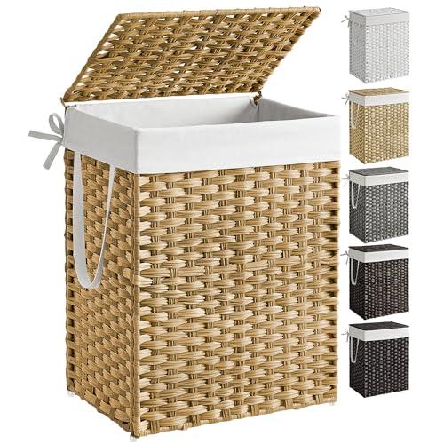SONGMICS Cestino Portaoggetti, Cesta Portabiancheria da 90L con Coperchio, Pieghevole, Sacco in Tessuto Rimovibile con Manici, Soggiorno Camera da letto Lavanderia, Naturale LCB51NL