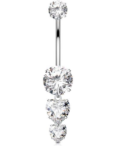 OUFER 14G Titanio G23 Piercing Ombelico Filettatura Interna Cuore Piercing Ombelico Anello Pendente 12 mm Belly Bar CZ Trasparente Navel Bar Cerchio Donna