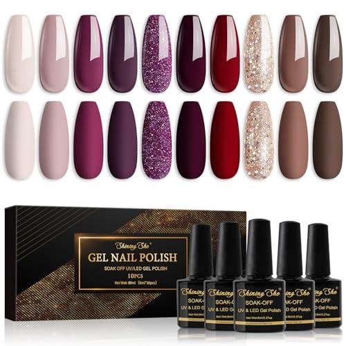 Shining She Smalto Semipermanente, 10 Colori Beige Rosso Scuro Marrone Viola Scuro Oro Glitter, Unghie, Smalti per Unghie Gel UV/LED, Autunno e Inverno Manicure Art, 8ML