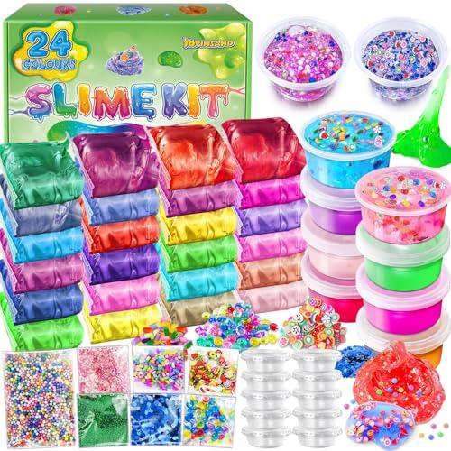24 Colori DIY Slime Kit Slime Making per Ragazze, Crystal Clear Slime, Glow in The Dark Slime con Sfere di Schiuma Aggiuntive, Charms, Glitter, Giocattolo Regalo per Bambini