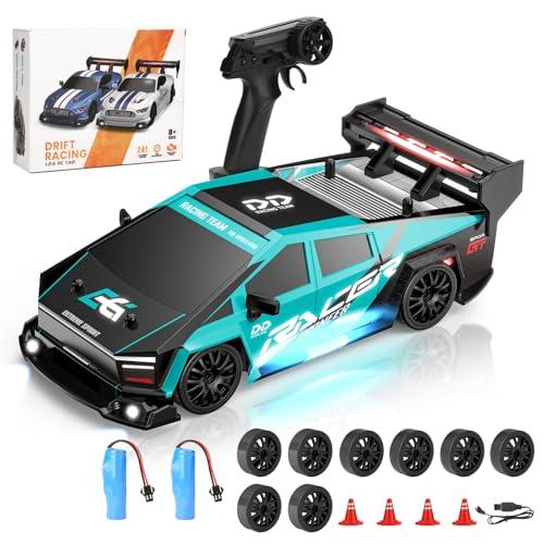 Sentasi 1:24 RC Drift, veicolo da corsa 4WD, modello sportivo ad alta velocità con LED e pneumatici di ricambio, durata 30 minuti, ricarica USB e ostacoli, per bambini a partire da 8 e adulti（ciano）