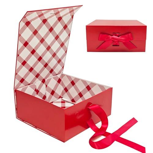 Tekhoho Scatola Regalo Rossa 22x22x10cm, Scatola Regalo Premium con Coperchio Magnetico e Nastro per Confezioni Regalo di Matrimonio e Compleanno, Fodera Plaid