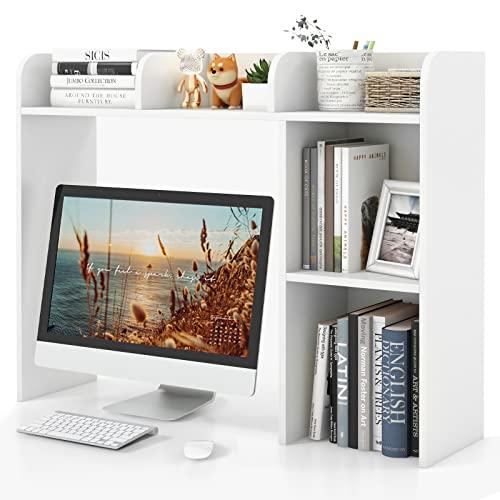 COSTWAY Scaffale da Scrivania in Legno, Libreria da Tavolo Salvaspazio con 4 Ripiani e Scomparto Aperto, Scaffale Espositivo per Computer, Casa Ufficio, 94x25x74 cm (Bianco)
