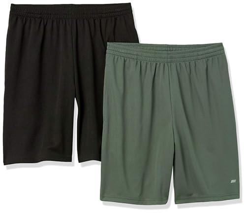 Amazon Essentials Pantaloncini da Allenamento Sportivi Tecnici ad Alte Prestazioni per Palestra e Basket, vestibilità Ampia Uomo, Pacco da 2, Nero/Verde Oliva, M