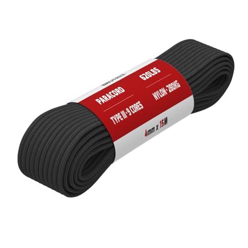 Brotree Paracord 4mm 9 Fili 100% Nylon Corda (15m, 30m, 50m) Tipo III Corda da Paracadute per Sopravvivenza, All'aperto, Fatto a Mano - 280kg Carico di Rottura (Nero, 15m)