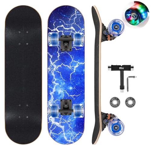 GIEEU Skateboards con ruote colorate lampeggianti per principianti, bambini, adolescenti, adulti, 78 x 20 cm, tavole da skate standard complete a 9 strati in acero
