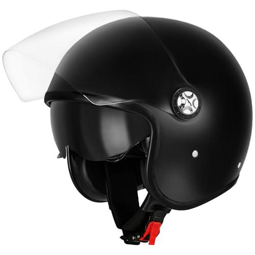 Favoto Casco Moto Jet Aperto - Casco Scooter con Doppia Visiera Parasole 3/4 per Adulti Uomo e Donna Traspirante Omologato ECE 22.06 L (59-60cm) Nero