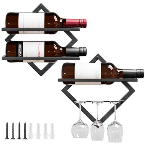 Yorbay Portabottiglie da Parete in Metallo con Portabicchieri: Moderno Porta Bottiglie Decorativo per 3 Bottiglie e fino a 6 Bicchieri - Portabottiglie da Vino Salvaspazio per Soggiorno Bar Cucina