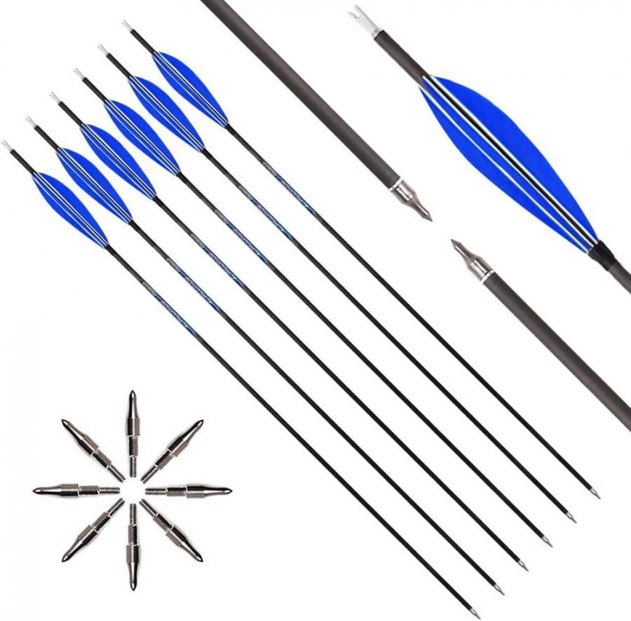 ACCMOS 6 Pezzi Blu Navetta Piuma di Tacchino Frecce da Caccia ID 6,2 mm Spine 250 300 340 400 500 600 700 800 Freccia in Carbonio per Archi Ricurvi Compound Tiro con L'Arco (30inch, Spine 800)