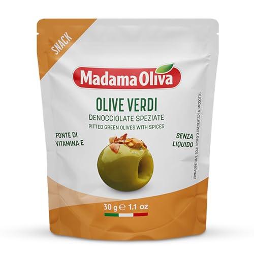 MADAMA OLIVA, Olive Verdi Denocciolate Speziate, Colore Verde Intenso e dal Gusto Caratteristico, 100% Made in Italy, 100% Vegetale, Pratica Busta in Alluminio da 30 gr