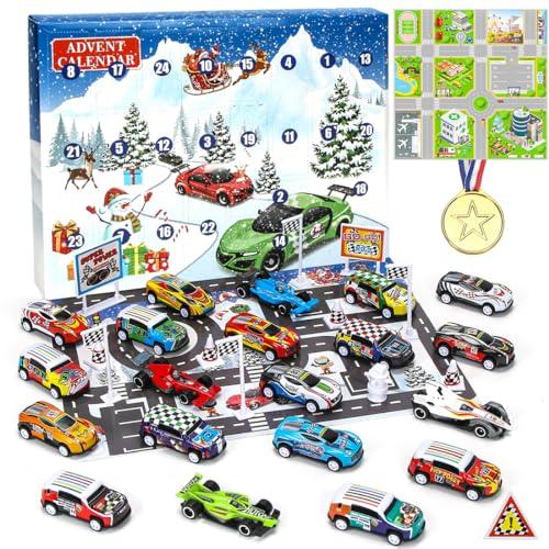 Sprinlot Calendario Avvento Macchinine, Giocattoli da Corsa con Cartello Stradale Medaglia, Calendario Avvento Bambini, Calendario del Conto alla Rovescia, Natale Regalo per Ragazzi Ragazze