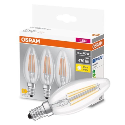 Osram Lampadine LED Candela, 4W Equivalenti 40W, Attacco E14, Luce Calda 2700K, Confezione da 3