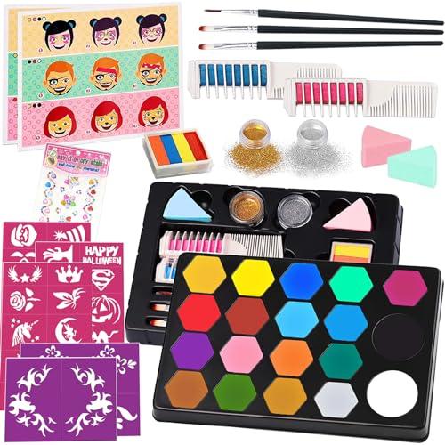TEUVO Truccabimbi Kit Anallergici Atossici Body Painting 19 Colori Face Painting 35 Stencil 3 Spazzole 2 Glitter Colori Capelli Trucca Bimbi Professionali Trucchi viso Halloween Carnevale Natale Feste