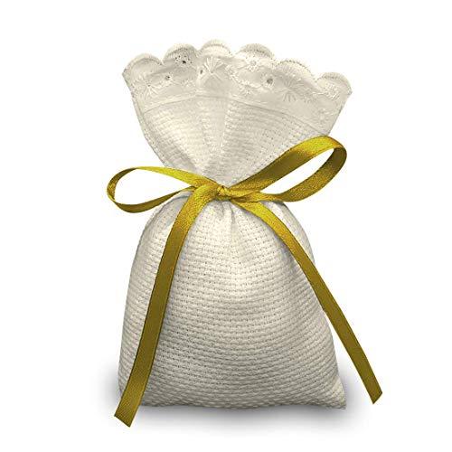 Crociedelizie, Stock 25 sacchetti bomboniere portaconfetti segnaposto in tela aida ecrù rifinitura in pizzo sangallo da ricamare a punto croce