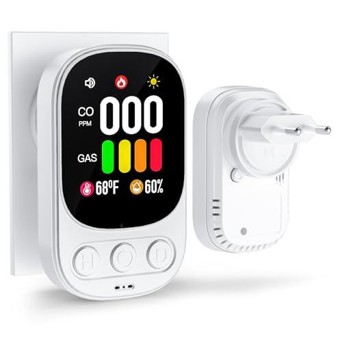 Rilevatore Gas e Monossido Di Carbonio 4 in 1 Con Spina per Casa-Rilevatore Fumo per Gas Naturale Lpg Metano Propano Butano Con Sensori Di Temperatura e Umidità-Certificato EN 50291-HD08-G-Bianco