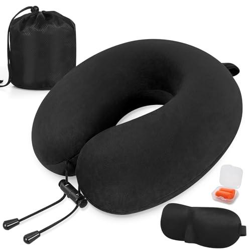 Cuscino da viaggio, Cuscino collo in memory foam, Cuscino di supporto, Cuscino Cervicale da Viaggio per Auto, Viaggio con Maschera per gli Occhi e Tappi per le Orecchie, Borsa da Viaggio (Schwarz)