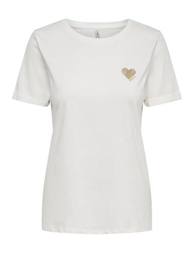 ONLY ONLKITA Maglietta da Donna in Tinta Unita con Cuore di Marca Basic, Manica Corta, Girocollo, Cloud Dancer/Print:Gold Glitter Heart, XS