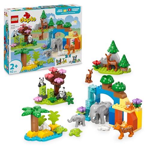 LEGO DUPLO Famiglie di Animali 3 in 1 - Gioco Didattico per Bambini e Bambine dai 2 Anni in su - Include figure di Tartaruga Giocattolo, Tigre, Elefante, Cervo e Panda con Habitat Costruibile - 10446
