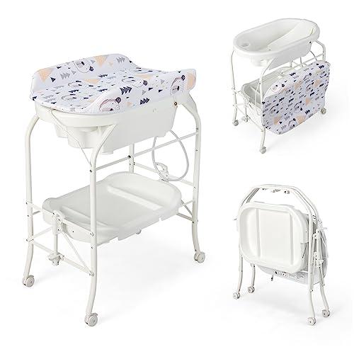 COSTWAY Fasciatoio con Vaschetta Bagnetto 2 in 1, Vasca da Bagno Pieghevole per Bambini, Fasciatoio con Materassino, Cestino Portaoggetti, Ruote con Freno, Portata 35kg+15kg (Bianco)