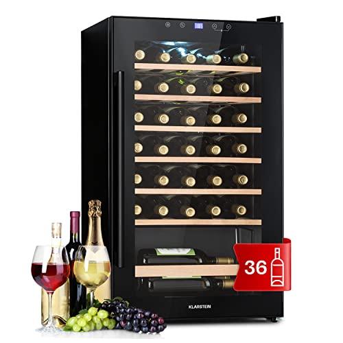 Klarstein Cantinetta Vino, Cantinetta Vino Refrigerata a Zona Singola per Interno/Esterni, Frigo Bar, Cantina Vino con Vetrina, Mini Bar con Protezione UV, Frigo Vino Touch, 4-18°C, 36 Bottiglie