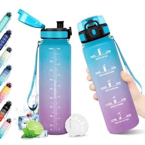 Borraccia 1L, Bottiglia Acqua Riutilizzabile, Borraccia con Filtro, Borracce con Marcatori Temporali, Borracce senza BPA, A Prova di Perdite, Bottiglia Acqua per Bambini, Adulti, Scuola, Ufficio