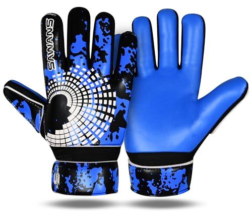SAWANS Guanti da portiere da calcio, per ragazzi, bambini, ragazzi, adulti, con presa forte, palmo e supporto per polso, antiscivolo (blu, taglia 4, adatti per bambini dai 6 ai 9 anni)