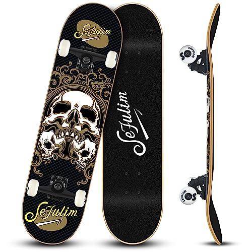 Sefulim 31 x 8 Pollice Completo Skateboard 7 Strati Acero Canadese Doppio Kick Deck Concavo Cruiser Trick Skateboard per Ragazzi Ragazze Adolescenti Adulti Principiante（skull）