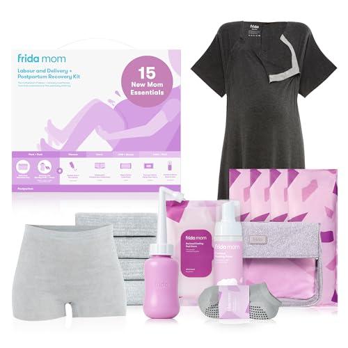 Frida Mom Kit per il travaglio, il parto e il post-parto, tutto in uno + elementi essenziali post-parto, include assorbenti premaman, biberon, calzini per mamma, vestaglia da allattamento, mutandine