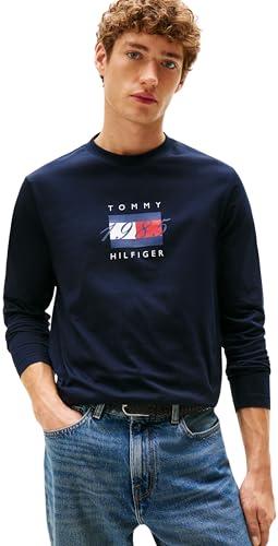 Tommy Hilfiger Uomo Maglietta Maniche Lunghe Linear Flag Graphic Regular Fit, Blu (Desert Sky), S