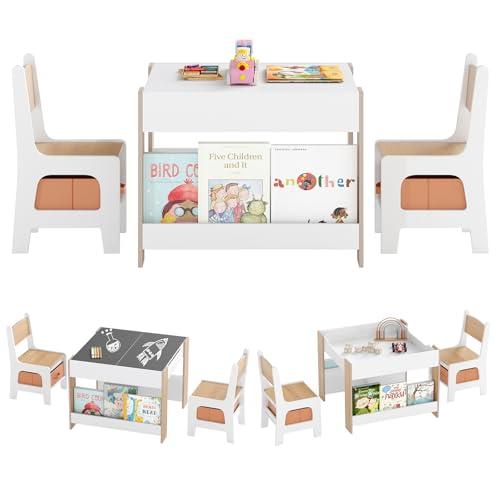 COSTWAY Set Tavolino Bambini con 2 Sedie per Bambini, Tavolo e Sedie 4 in 1 con Piano Doppa Faccia, Librerie Laterali e Scatola in Tessuto, Mobile Salvaspazio per Asilo, Scuola e Cameretta (Naturale)