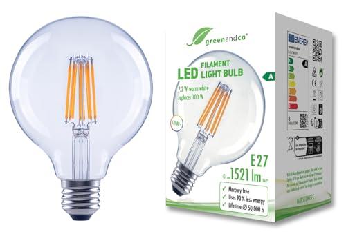 greenandco Lampadina a filamento LED trasparente | E27 G95 | 7,2 W 1521 lm | sostituisce 100 W | 3000 K bianco caldo | 320 ° | 230 V | senza sfarfallio | Classe energetica A | non dimmerabile