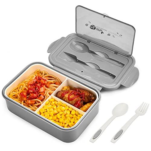 BIBURY Porta Pranzo, Lunch Box Prova di Perdite, Bento Box con 3 Scomparti e Posate(Forchetta e Cucchiaio), Portapranzo, Sicuri per Microonde e Lavastoviglie - Grigio