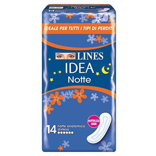 Lines Idea Sottile Notte Anatomico Disteso, 14 assorbenti. Ideale per tutti i tipi di perdite, Assorbenti lunghi per la notte con cuore Lines assorbente, Neutralizza Odori, Ipoallergenico.